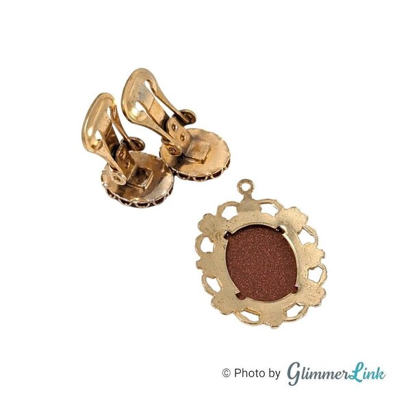 Vintage Mid-Century Goldstone Gold Tone Clip On Earrings and Pendant Jewelry Set - Picture 9 of 13